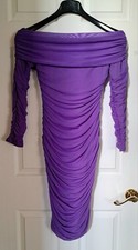 Womens Purple Off-the-Shoulder Long-Sleeve Ruched Midi Bodycon Dress