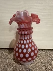 Cranberry And White Coin Dot Vase With Ruffled Edge
