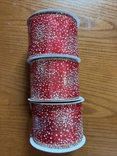3 Rolls 2 1/2  x 20Ft Wired Edge Ribbon . Gold Glitter On Red Christmas Holiday