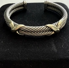 David Yurman Double X Cable cuff Bracelet Sterling And 14k 5.75” With 1”Gap