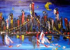 Oil Painting BLUE NYC  abstract SIGNED BY KAZAV Original    IMPRESSIONIST  feweg