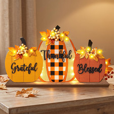 Fall Decorations Floral Pumpkin Wooden Sign with LED Lights Indoor Tabletop Gift