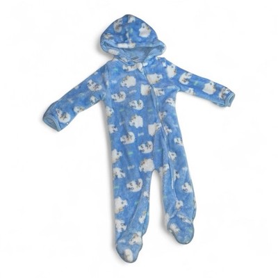 Little Beginnings Baby 6-9 Mon. Zip Up One Piece Fleece Blue White Sheep Hooded