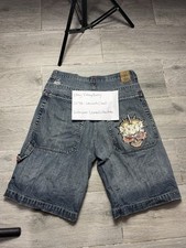VTG 90s JNCO 34 Wide Leg Denim Jean Carpenter Shorts Blue Spiked Skull USED