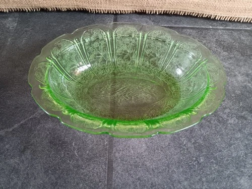 Jeanette Glass Company Green Oval Cherry Blossom Candy Dish