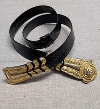 vintage JUDITH LEIBER snakeskin LION BUCKLE gold 24-38" adjustable OS black
