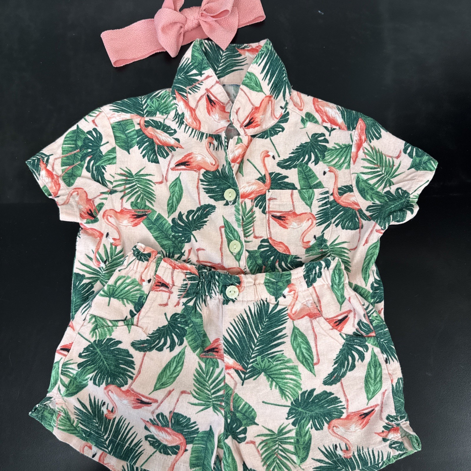 Old Navy Flamingo Linen 3T Girls Set Styled w/ Pink Bow.
