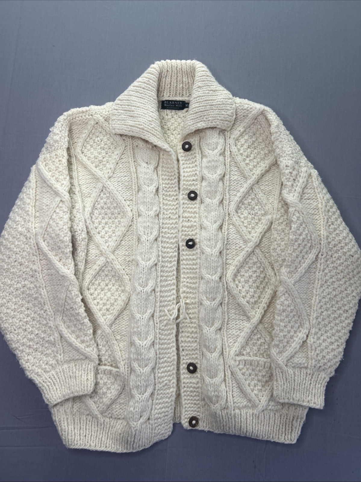 Vintage Blarney Woollen Mills Aran Sweater Cardigan Hand Knit Irish Wool M