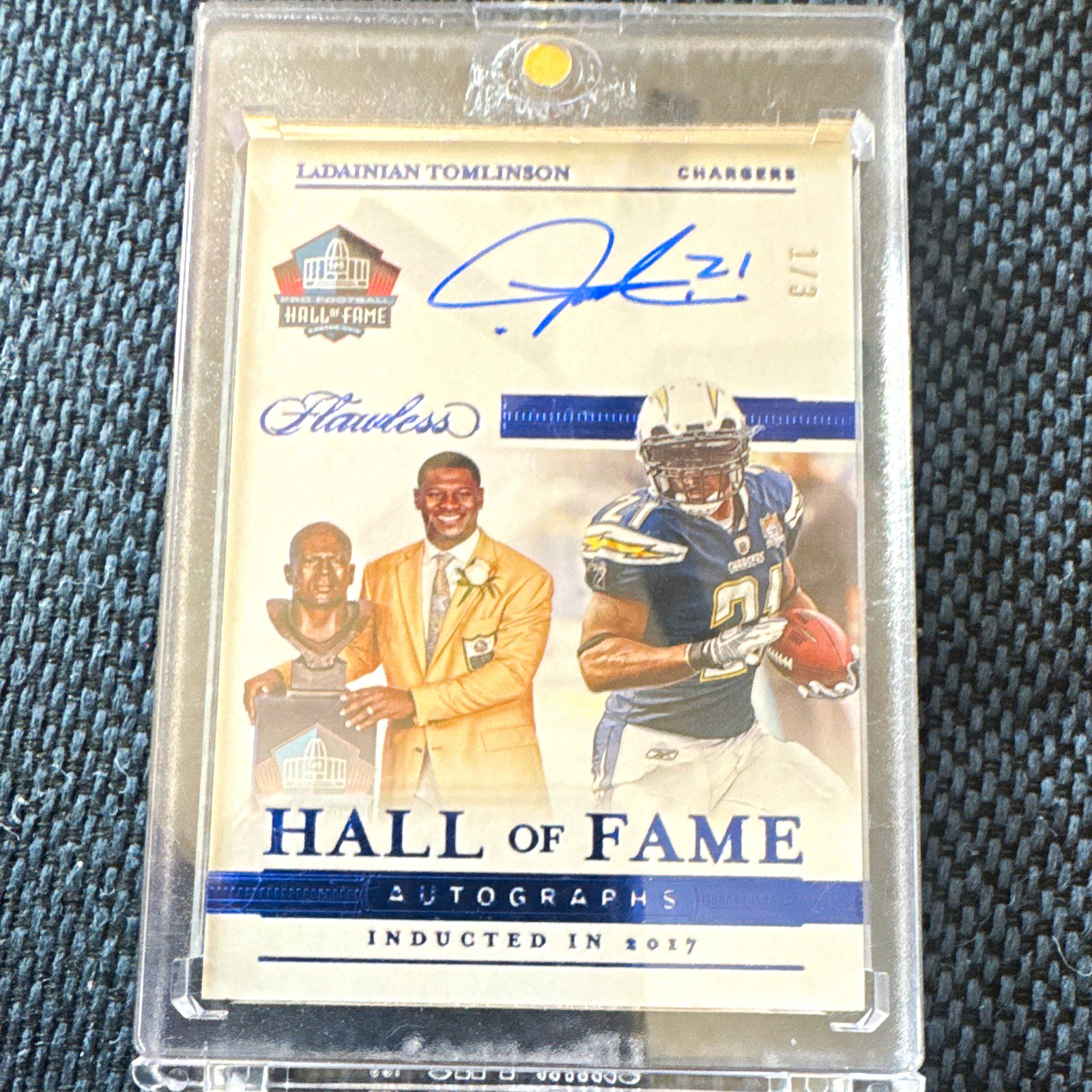 2020 Panini Flawless LaDainian Tomlinson Chargers HFA-LDT Sapphire Auto /3 view 1