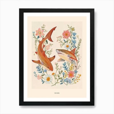 Folksy Floral Tier Zeichnung Hai gerahmtes Wandbild Poster Leinwanddruck Bild