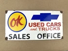 VINTAGE CHEVROLET CHEVY OK USED CARS and TRUCKS SALES OFFICE GAS PORCELAIN SIGN