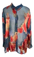 Vintage Chico's Velvet Burn Out Silk Blend Blue Red Blouse Shirt Size 3 Large
