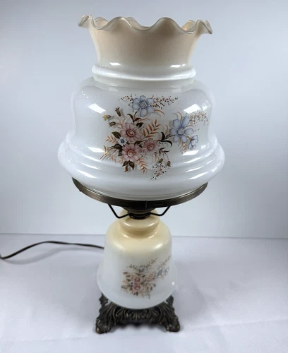 Vintage Gone With The Wind Hurricane Milk Glass 3 Way Parlor Lamp Floral Working