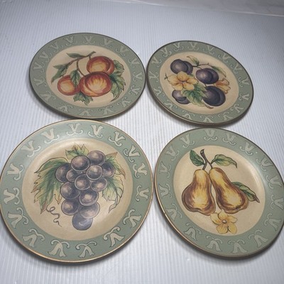 Vintage Fruit Dinner Plates (4) Ceramic Green Band Gold Scrolls Pears Plums