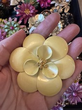 Vintage Soft Yellow Enamel Flower Brooch Rhinestone Center Pin