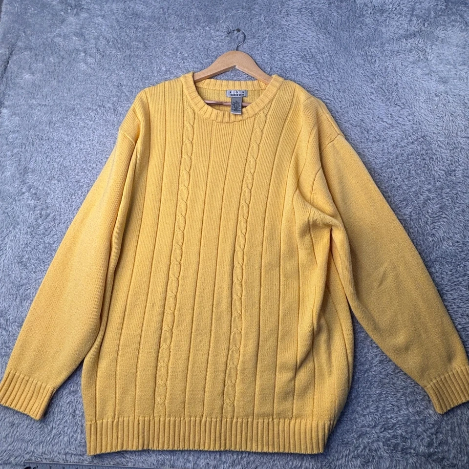 Vtg RON CHERESKIN Yellow XL Acrylic Crewneck Cable Knit Fisherman Sweater - Image 2 of 4