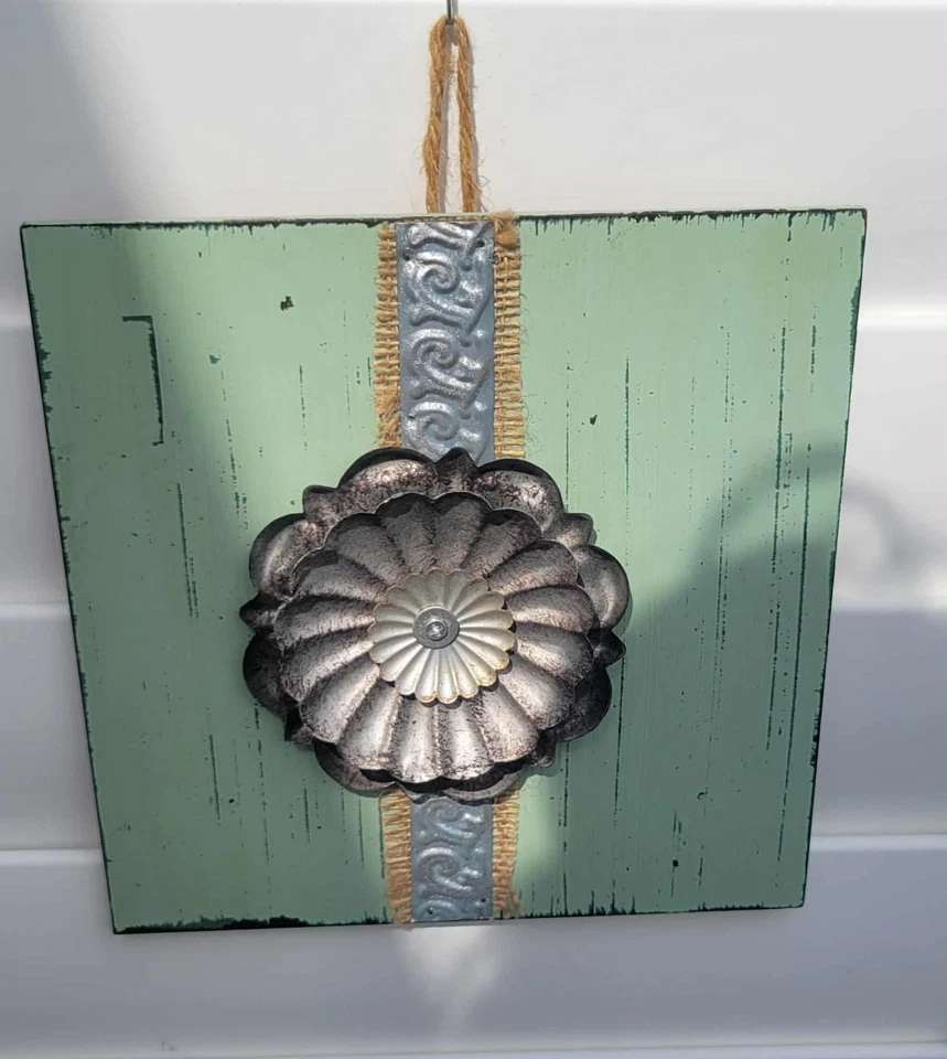Galvanized Dimensional Metal Flower on MDF Board, 2-PC Rustic Floral Wall Decor - Image 4 of 4