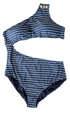 J .Crew Swimsuit Size 24 Cutout One Piece Navy Stripe Full Coverage Gold Buttons