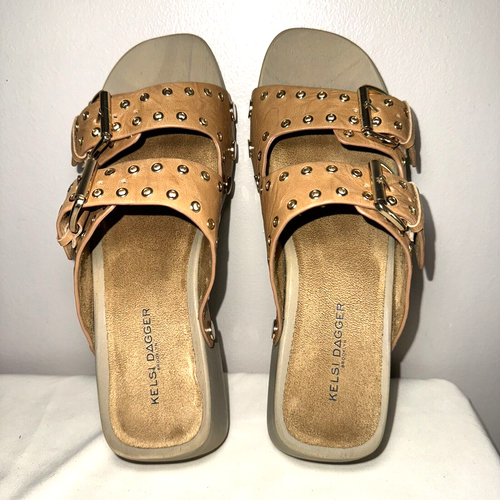 Sandalias Zueco Kelsi Dagger Brooklyn Jolt Tostado Talla 7.5 Cuero Grueso Dorado Nuevas Sin Etiquetas - Imagen 6 de 11
