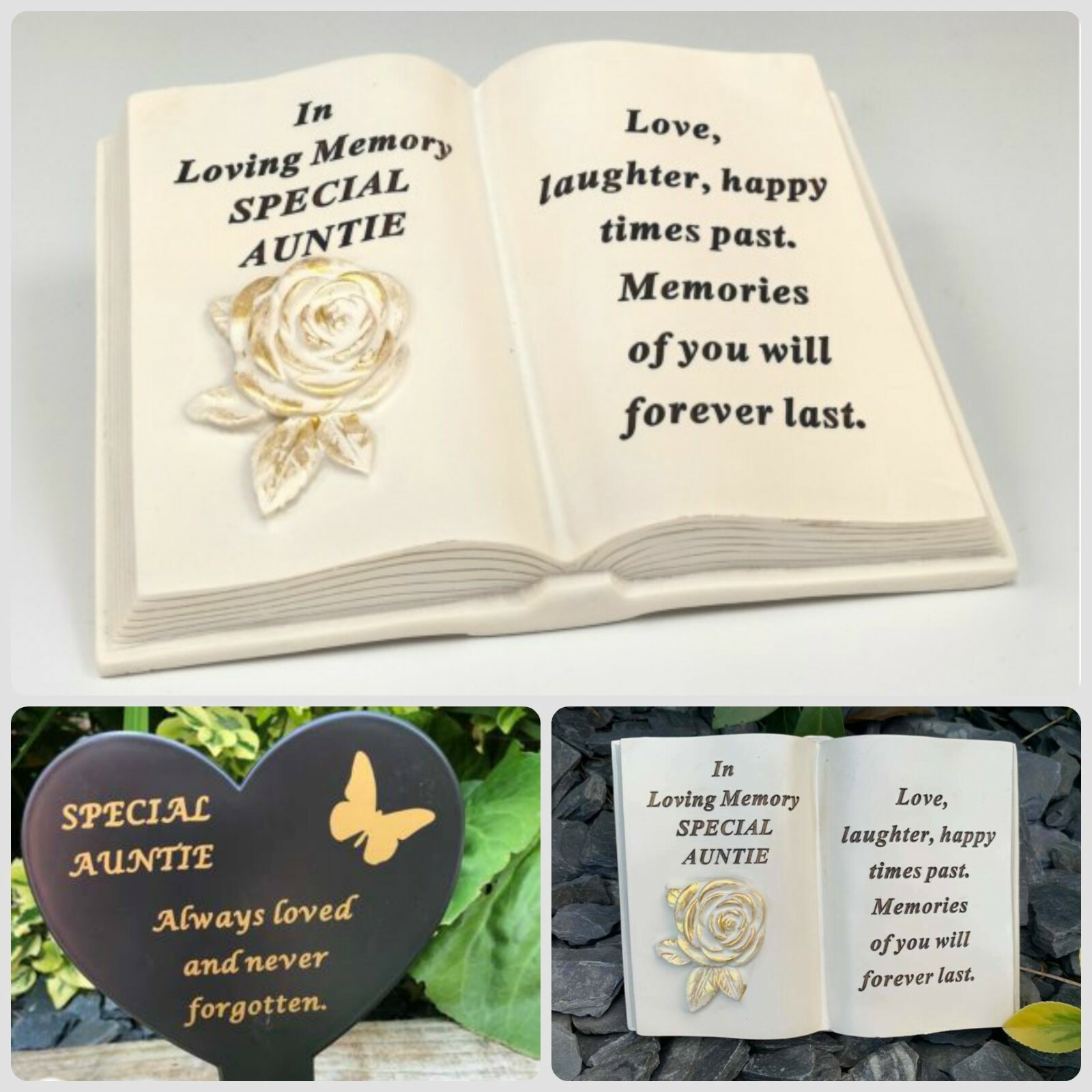 Auntie Aunt Memorial Heart Plaque Book Stick Stake Flower Vase