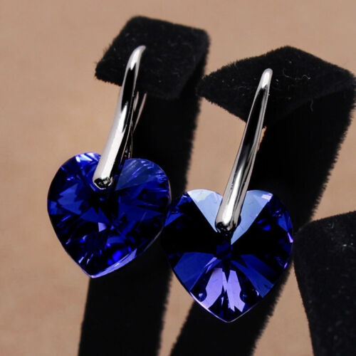 Women's Silver Blue Rhinestone Heart Shape Love Hook Pendant Earrings Gift - Picture 1 of 3
