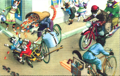 Anthropomorphic Cats Bicycle Crash Eugen Hartung Alfred Mainzer Linen Postcard