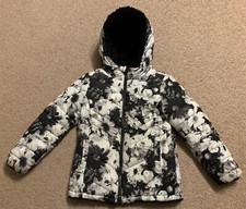 Justice Reversible Puffer Jacket Winter Coat Hooded Floral Solid Black Faux Fur