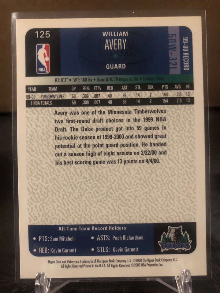 2000-01 Upper Deck Victory Timberwolves Basketball Card #125 William Avery - Image 2 of 2