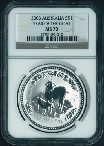PERFECT 2003 P AUSTRALIA LUNAR YEAR GOAT 1 oz Silver Coin NGC MS70