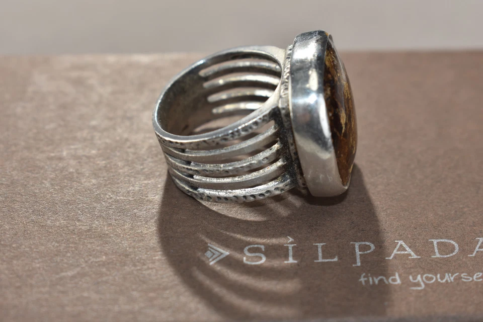 Anillo SILPADA 925 Plata Esterlina Piedra Broncita Talla 7 Manchas Oro Marrón R1738 Foto 3 de 4
