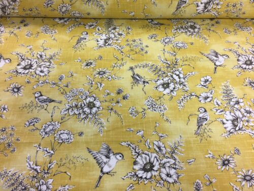 Tela de algodón floral pájaro lienzo amarillo/gris cortina ciega artesanal - Imagen 2 de 5
