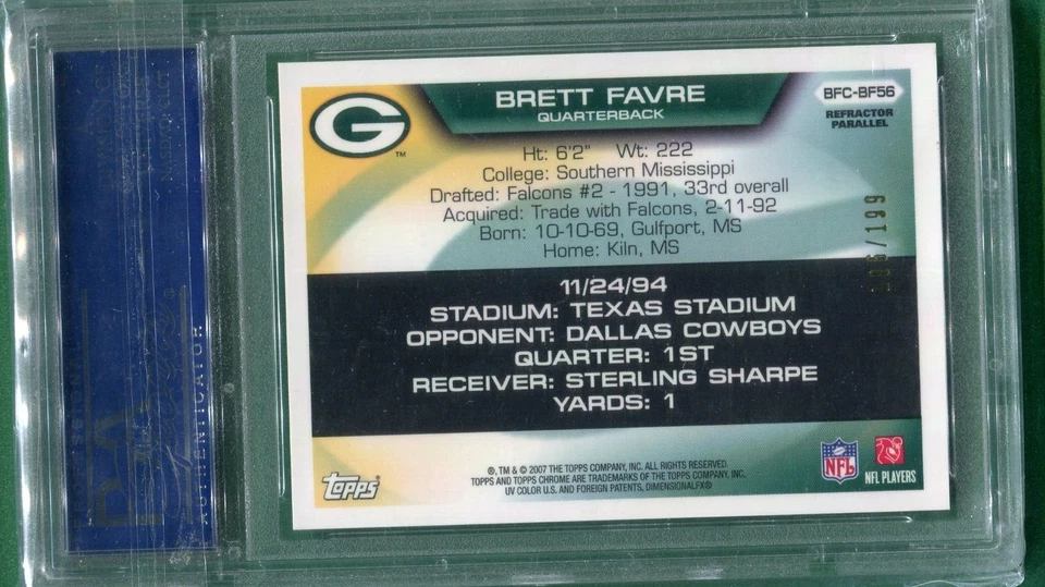 BRETT FAVRE PACKERS 2007 TOPPS CHROME FLIGHT TO 420 CARD #56 REF #106/199 PSA 10 - Image 3 of 4