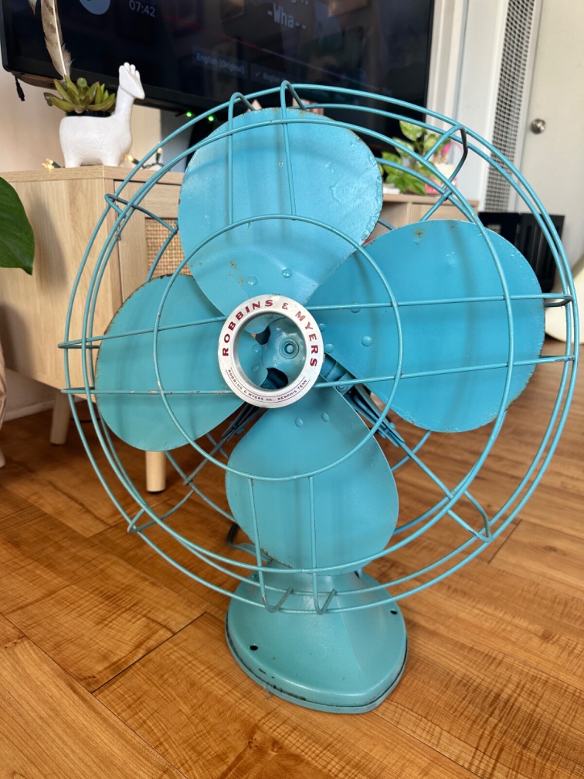 1930s Vintage Robbins & Myers 14 Inch 3-Speed Oscillating Table Fan