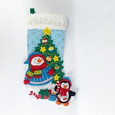 Bucilla Christmas Stocking Felt Sequins Applique Snowman Penguin Completed