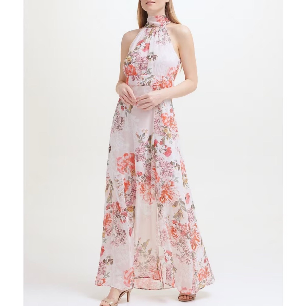 Eliza J Floral Maxi Dress Fit Flare Halter Pink Printed Chiffon