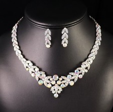 Floral AB Clear Rhinestone Crystal Necklace Earrings Set Bridal Prom Wed N20AB