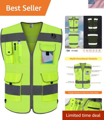 Breathable Safety Construction Vest - Adjustable, Reflective Strips, 9 Pockets