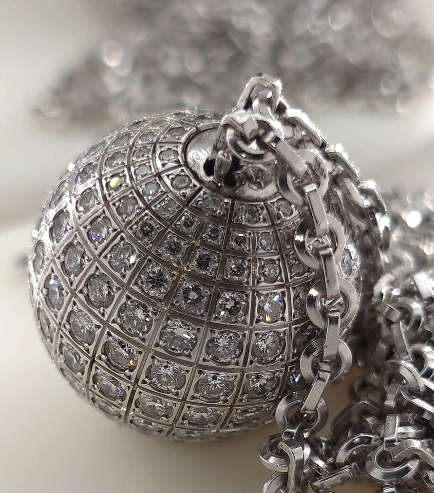 "Collar colgante de bola discoteca de diamantes de oro blanco de 18 quilates Cartier 32"" eslabón de cable auténtico" Foto 2 de 4