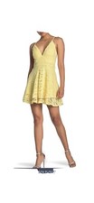 Love Layered Hem Stretchy Lace Lace Back Sexy Skater Dress Yellow Small