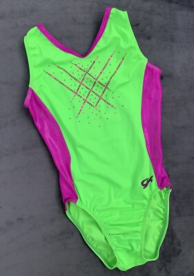 GK ELITE gymnastics Leotard USA Sequinz Bling PURPLE Neon Green BODYSUIT Size AM