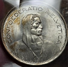 1969 Swiss Five Francs *SILVER* Coin - Rare High-Grade European Gem w/TONING!