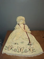 Vintage Handmade Cloth Rag Doll Yellow Dress Bonnet Embroidered Butterflies...