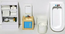 Dollhouse Furniture - Bathroom Set - Toilet, Bathtub, Sink, & Shelf - White