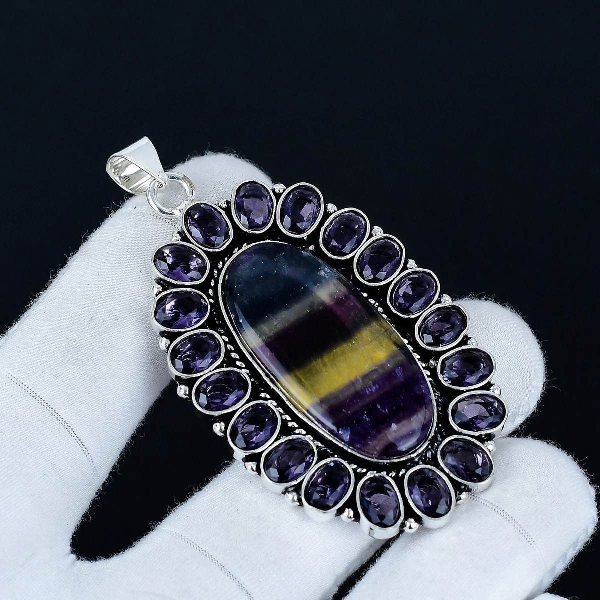Collier à Gradins En Fluorite Naturelle Et Argent 925 - Longueur ~52 Cm - Vert/violet - Samarcanda Gioielli - Neuf Avec étiquettes