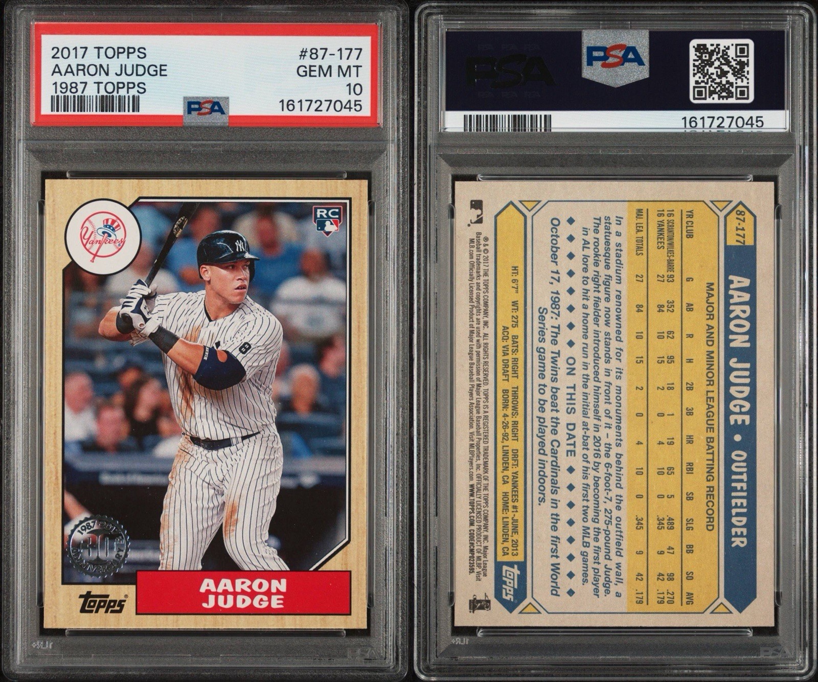 AARON JUDGE 2017 TOPPS 1987 TOPPS #87-177 PSA 10 view 3
