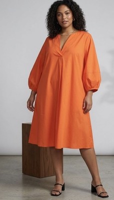 PERSONA BY MARINA RINALDI ORANGE POPLIN 3/4 SLEEVES DRESS US-22 NWT 