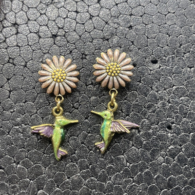 Earrings Hummingbird Earrings Dangle Post Hummingbirds Sunflowers Enamel 