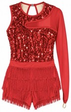 Weissman Red Sequin Fringe Dance Costume One Sleeve Jazz Latin Large Adult LA