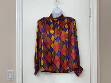 Andre Sauvage Women Multiple Color Abstract Print Blouse, Long Sleeve, Size M