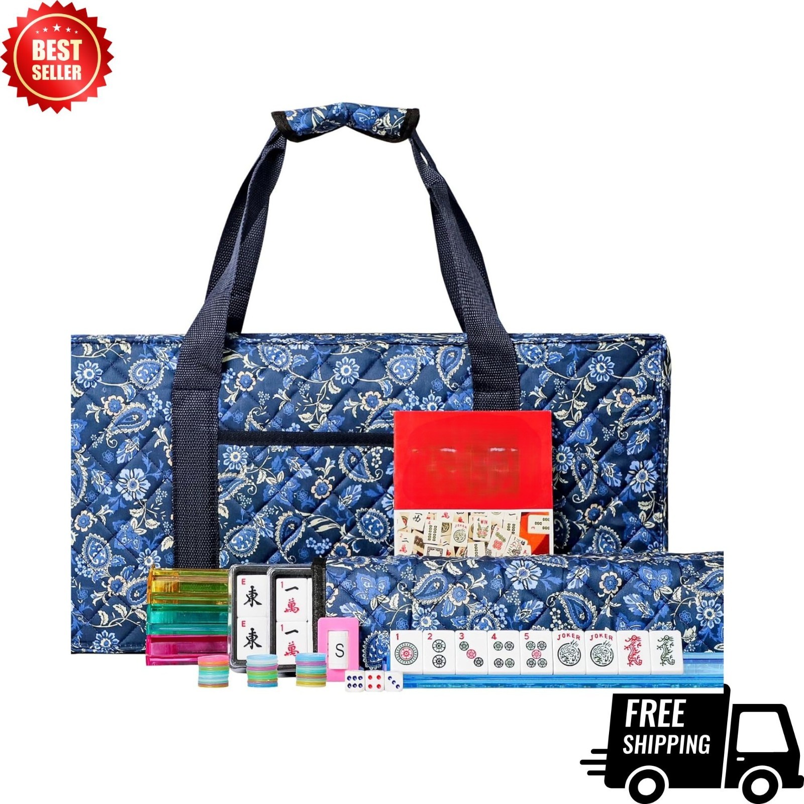 NEW Mahjong Set Blue Bag 166 White Tiles 4 Rack Pushers Mahjong